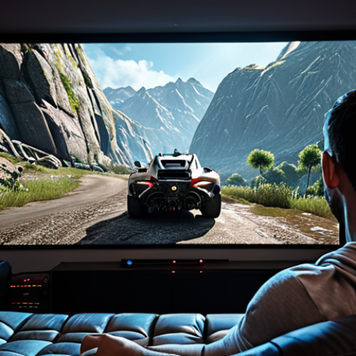 Home 4 A gamer fully immersed in a realistic 4K game on a large projector screen, showcasing clarity and detail.