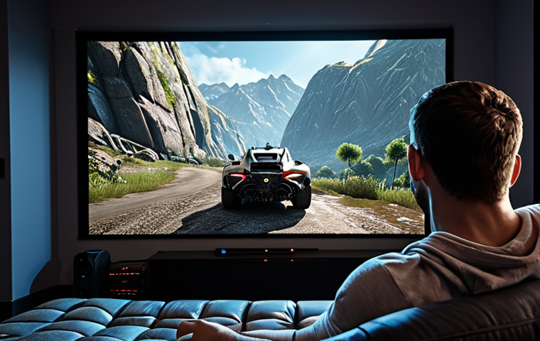 A gamer fully immersed in a realistic 4K game on a large projector screen, showcasing clarity and detail.