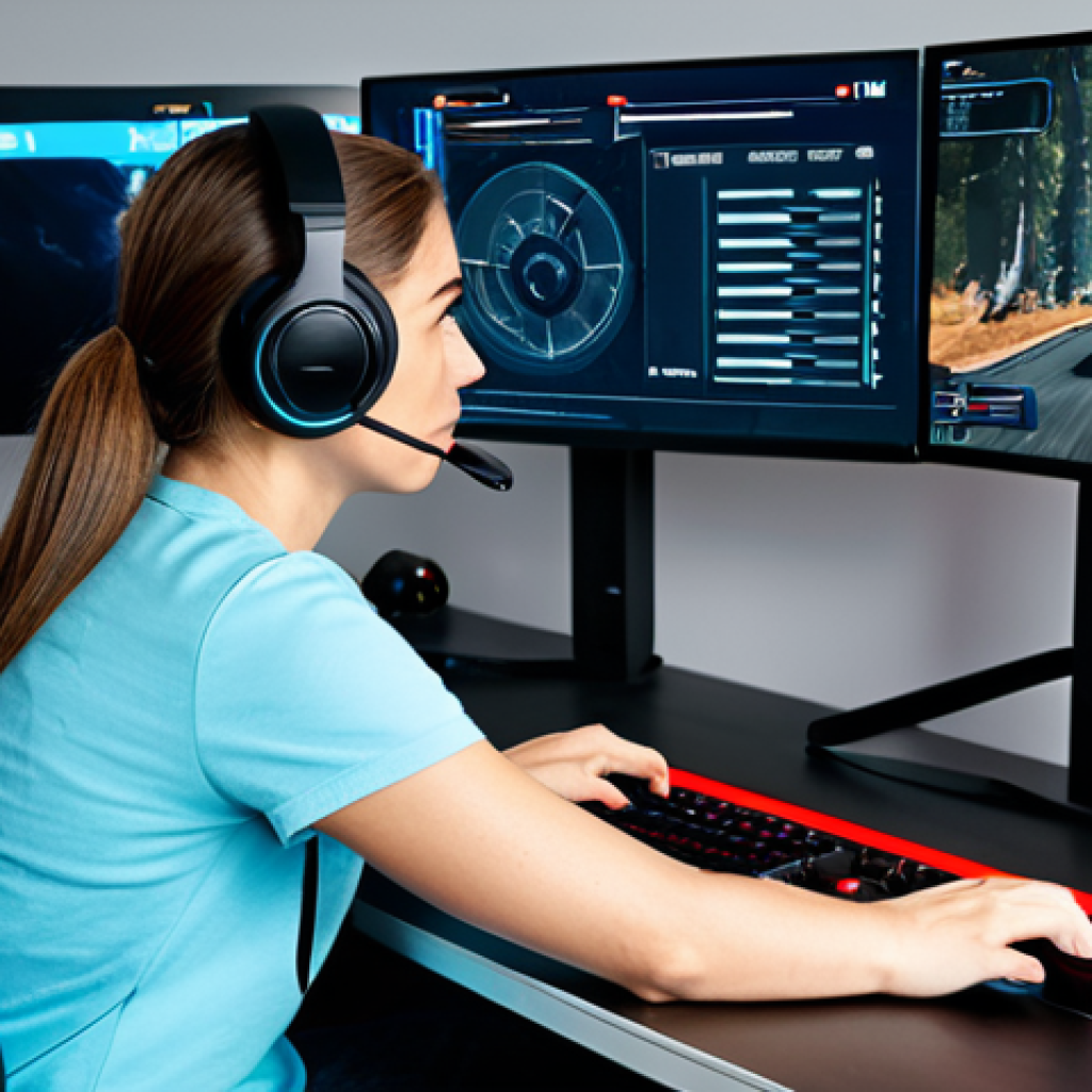 A focused adult gamer, wearing modest and comfortable casual attire, sitting professionally at a sleek gaming desk in a modern, well-organized gaming room. Their eyes are intently fixed on a large monitor displaying a customizable first-person shooter (FPS) game interface. The screen showcases an example of an optimized HUD (Heads-Up Display) with clear, strategically placed elements like a sharp, static crosshair, a prominent health bar, and an easily visible minimap, demonstrating a clean and efficient layout. The gamer's hands are resting on a keyboard and mouse, indicating thoughtful adjustment. The overall scene emphasizes concentration and high performance. perfect anatomy, correct proportions, natural pose, well-formed hands, proper finger count, natural body proportions, professional photography, high quality, safe for work, appropriate content, fully clothed, family-friendly.