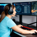 A focused adult gamer, wearing modest and comfortable casual attire, sitting professionally at a sleek gaming desk in a modern, well-organized gaming room. Their eyes are intently fixed on a large monitor displaying a customizable first-person shooter (FPS) game interface. The screen showcases an example of an optimized HUD (Heads-Up Display) with clear, strategically placed elements like a sharp, static crosshair, a prominent health bar, and an easily visible minimap, demonstrating a clean and efficient layout. The gamer's hands are resting on a keyboard and mouse, indicating thoughtful adjustment. The overall scene emphasizes concentration and high performance. perfect anatomy, correct proportions, natural pose, well-formed hands, proper finger count, natural body proportions, professional photography, high quality, safe for work, appropriate content, fully clothed, family-friendly.