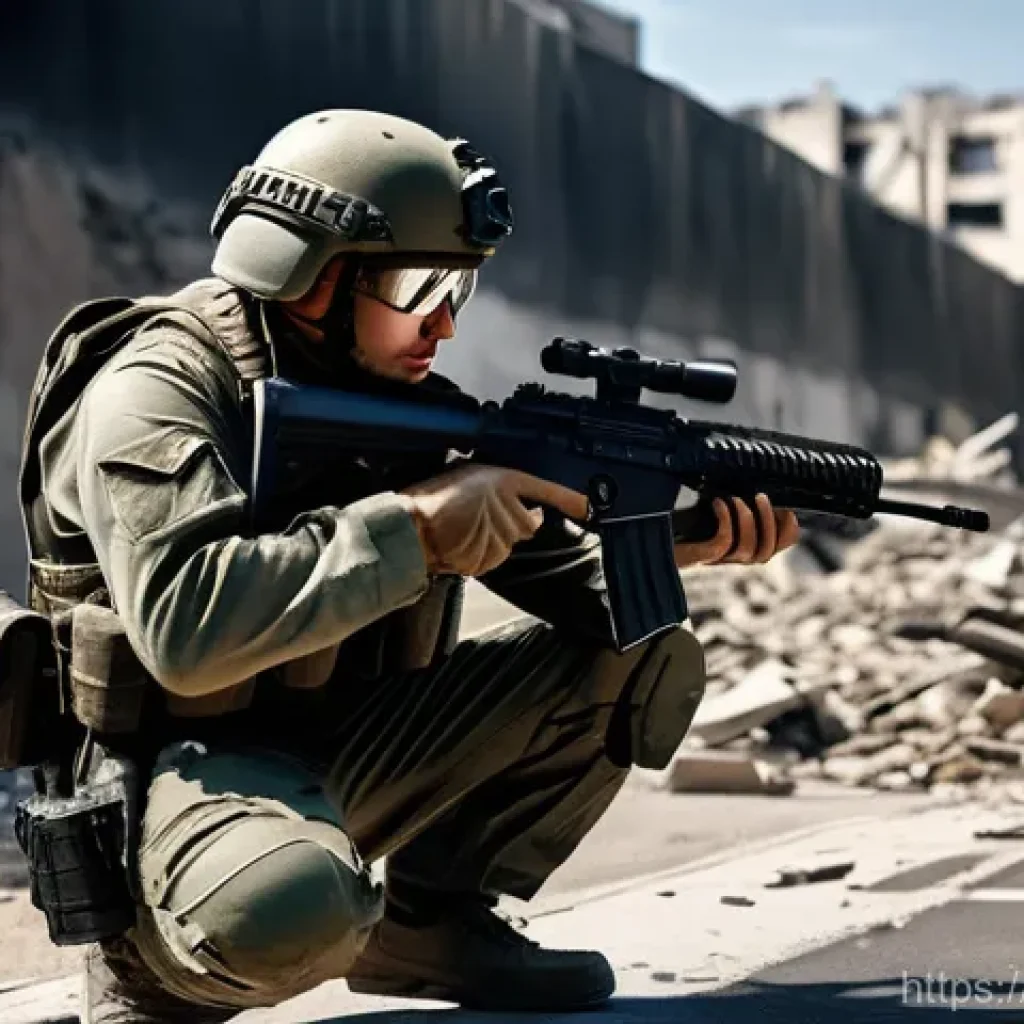 FPS 게임 속의 실제 전투 재현 사례 - **Prompt:** "A highly detailed, photorealistic image of a male soldier, clad in full modern military...