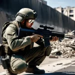 FPS 게임 속의 실제 전투 재현 사례 - **Prompt:** "A highly detailed, photorealistic image of a male soldier, clad in full modern military...