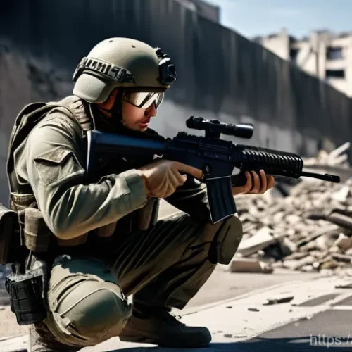 Home 21 FPS 게임 속의 실제 전투 재현 사례 - **Prompt:** "A highly detailed, photorealistic image of a male soldier, clad in full modern military...