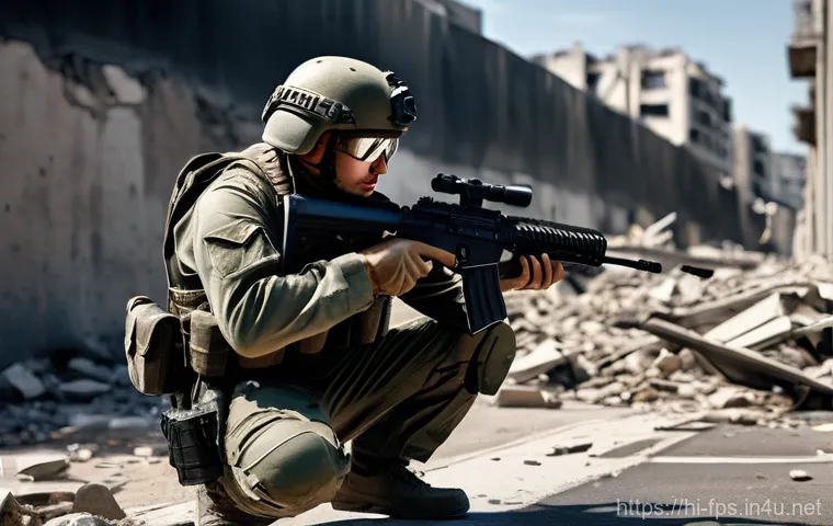 FPS 게임 속의 실제 전투 재현 사례 - **Prompt:** "A highly detailed, photorealistic image of a male soldier, clad in full modern military...