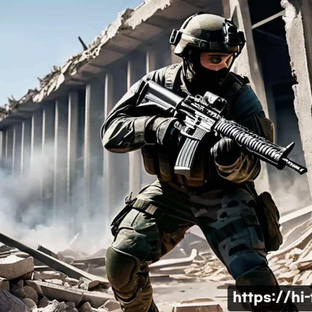 FPS 게임 속 파괴 가능한 환경 기술 - **Prompt:** A gritty, action-packed FPS game scene. A male soldier, fully clad in modern tactical mi...