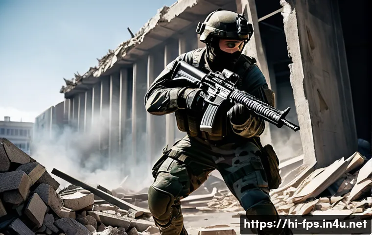 FPS 게임 속 파괴 가능한 환경 기술 - **Prompt:** A gritty, action-packed FPS game scene. A male soldier, fully clad in modern tactical mi...